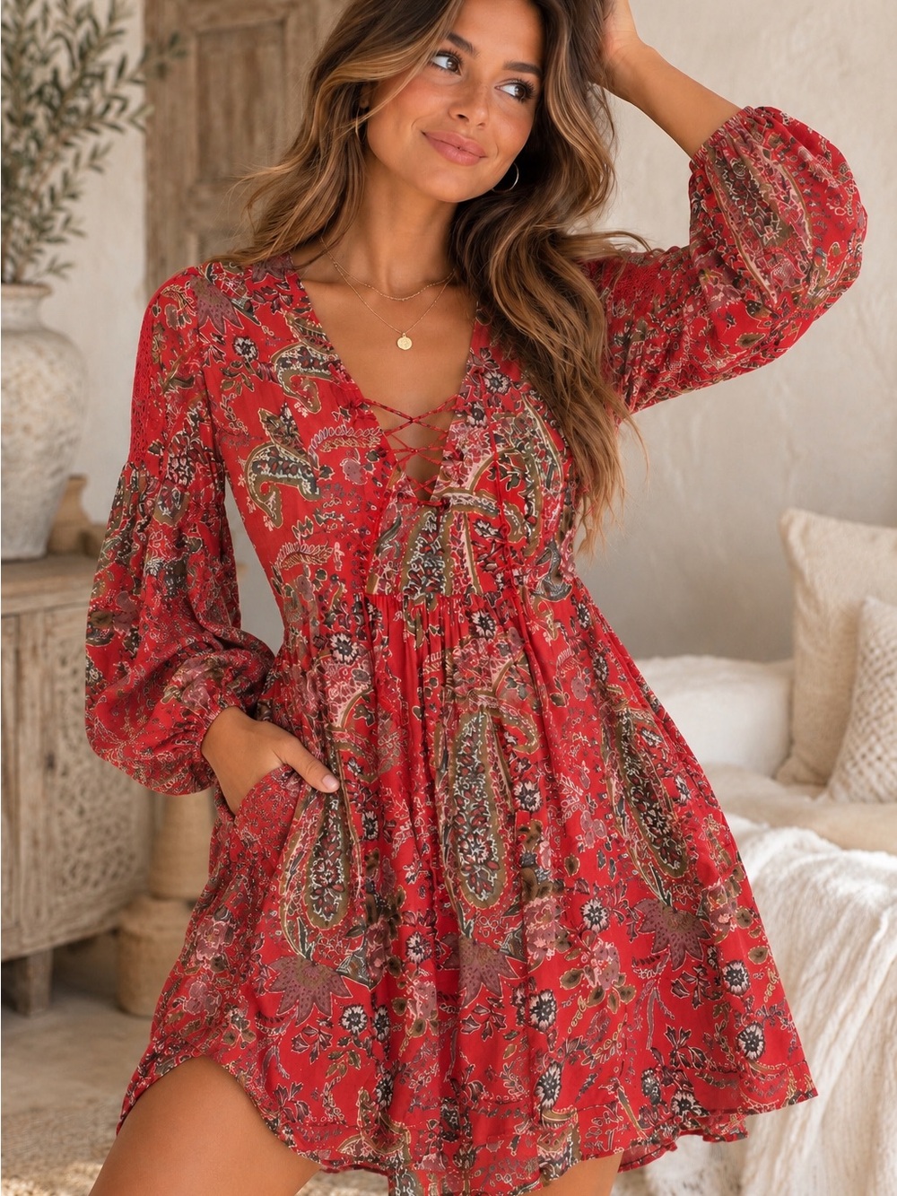 Free People Red Paisley Boho Lace Up Mini Dress XS Oversized